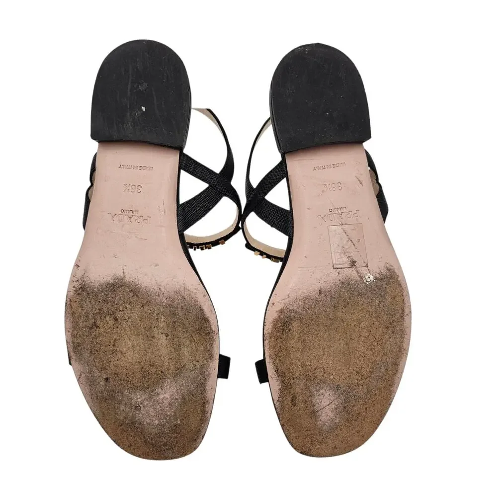 Prada Logo Black Leather Flat Ankle Strap Sandal Gold Buckle Size 36.5 6.5